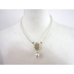 Cream Faux Pearl Bead rhinestone Necklace 20" Boho Cottagecore Elegant Vintage